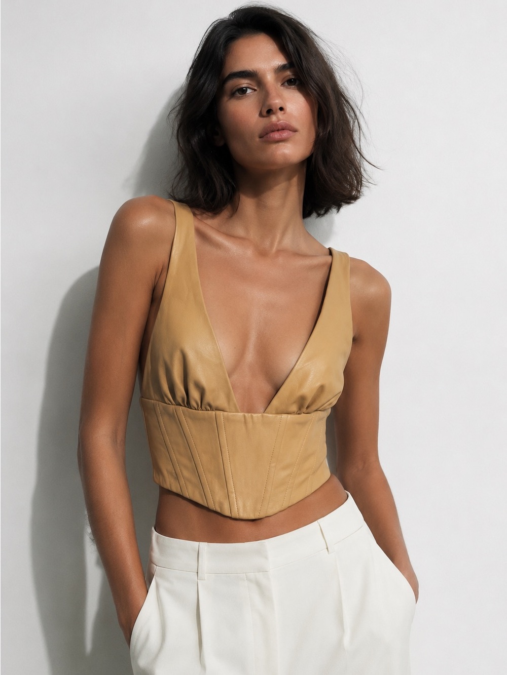 ZARA Corestry Faux Leather Boned CARAMEL Crop Top